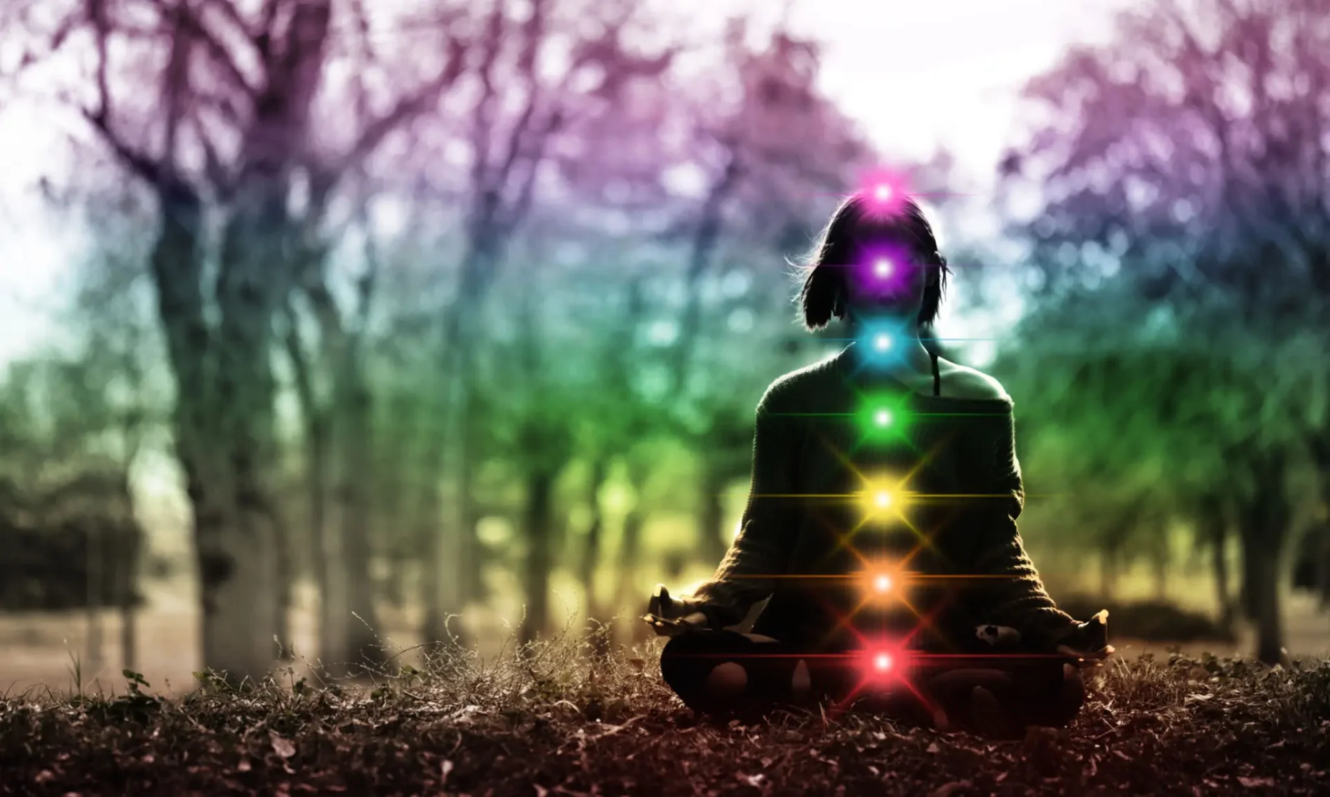 Person meditating outdoors with colorful chakra lights along the spine.