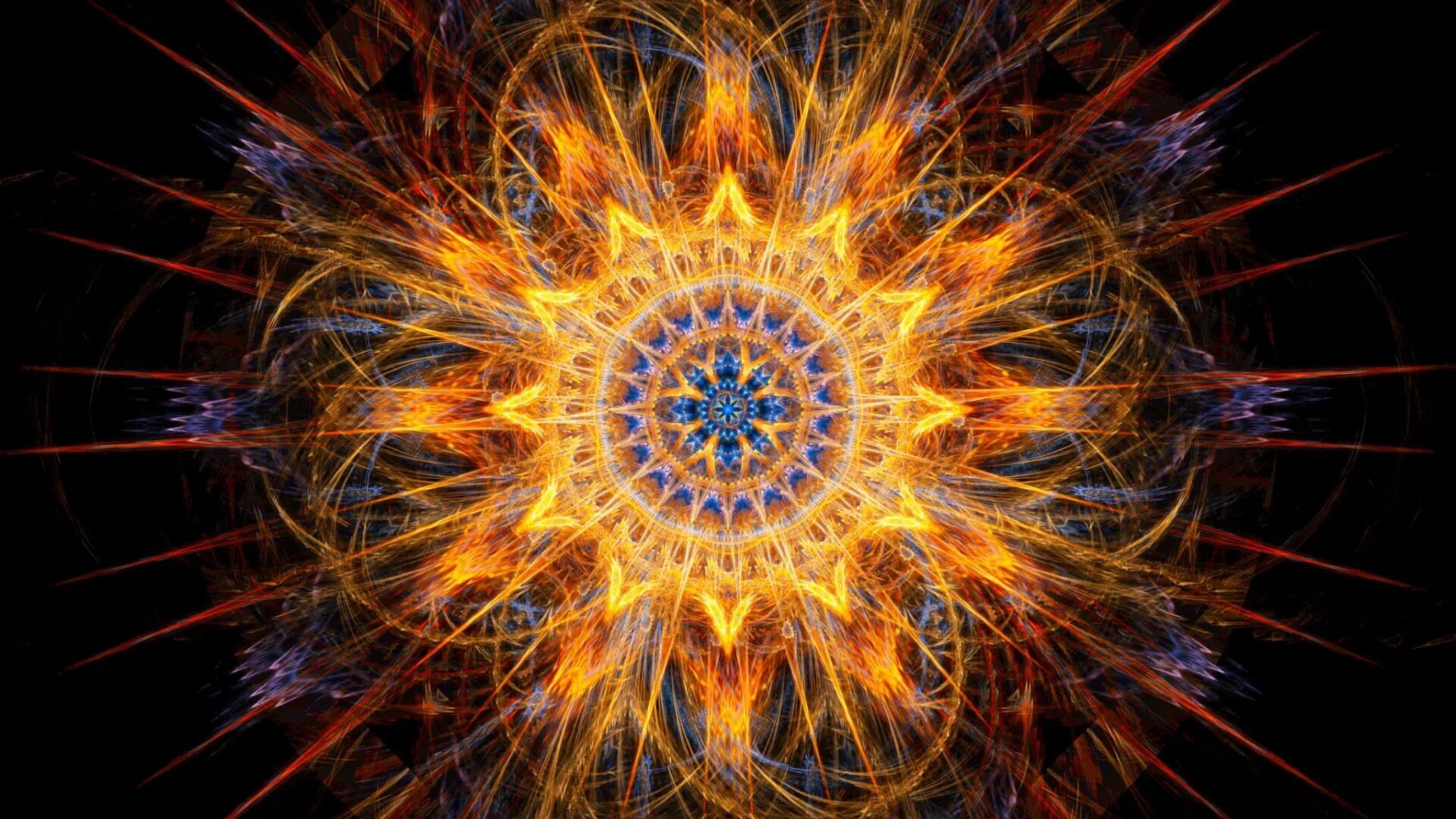 Intricate fiery mandala radiating vibrant orange and blue hues on black background.