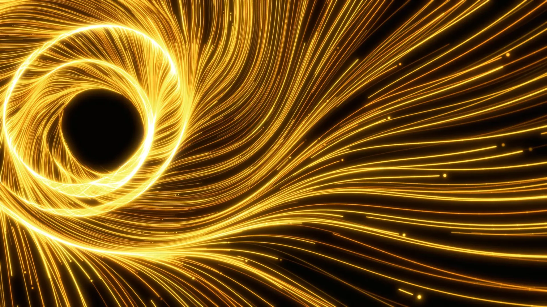 Glowing golden lines swirling around a black void in a dynamic pattern.